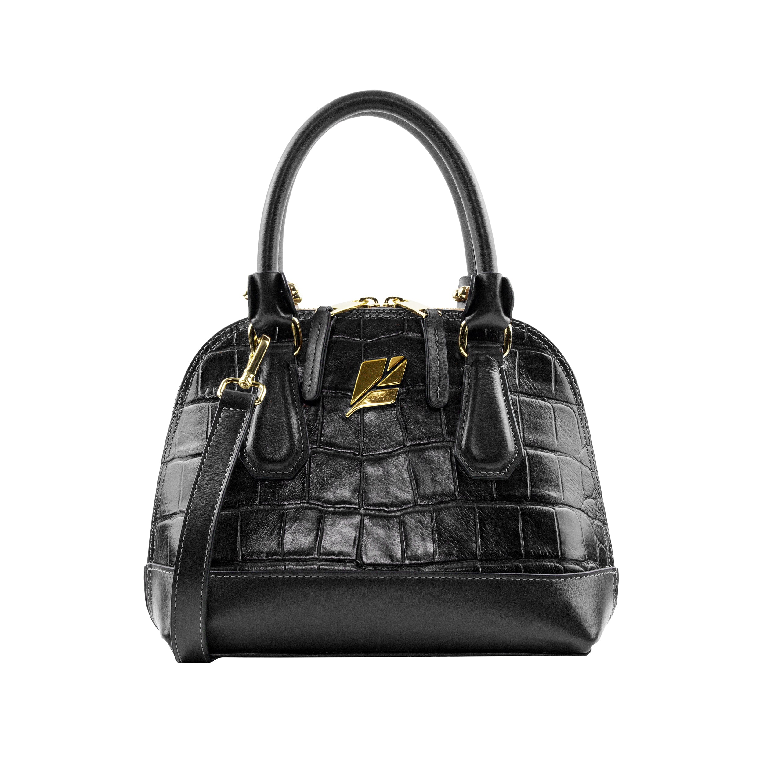 Serena Croco Bowling Bag, Size P, Black, Patricia Maranhão