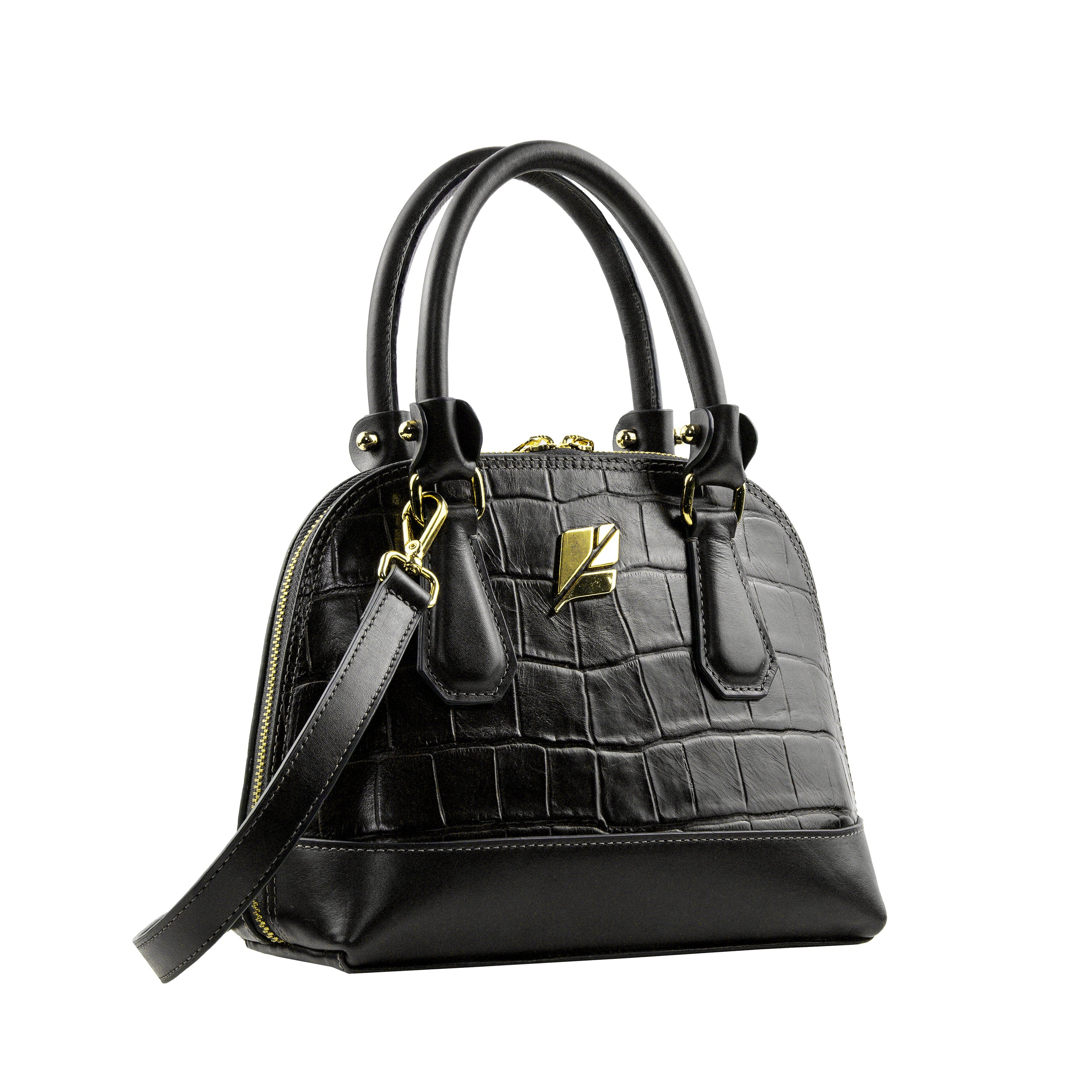 Serena Croco Bowling Bag, Size P, Black, Patricia Maranhão