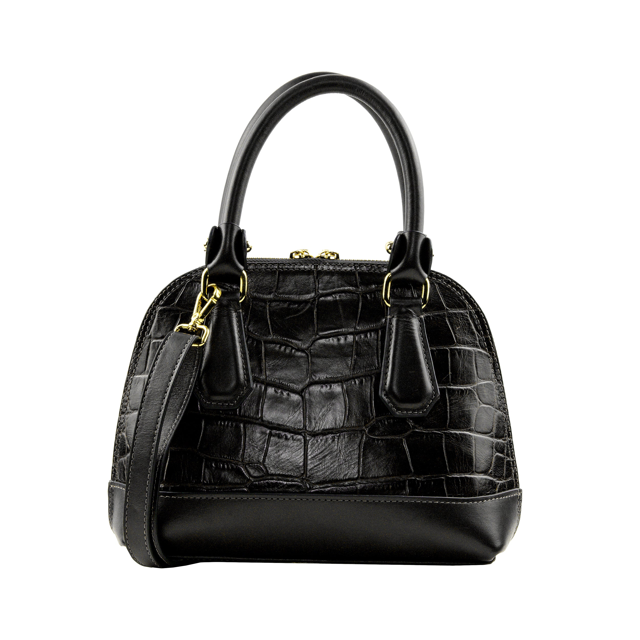 Serena Croco Bowling Bag, Size P, Black, Patricia Maranhão