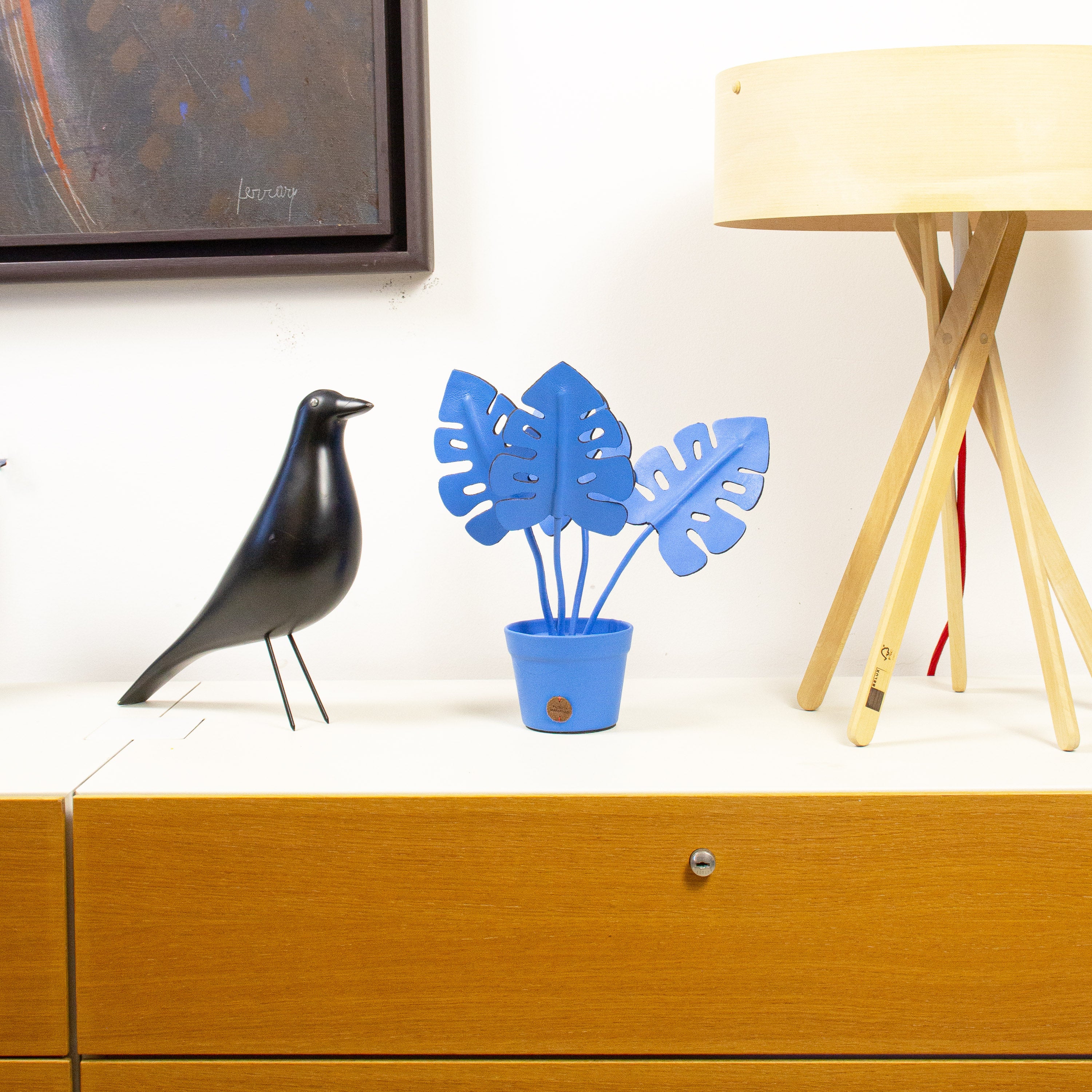 Cobalt Monstera Deliciosa Plant Pot in Leather by Patrícia Maranhão