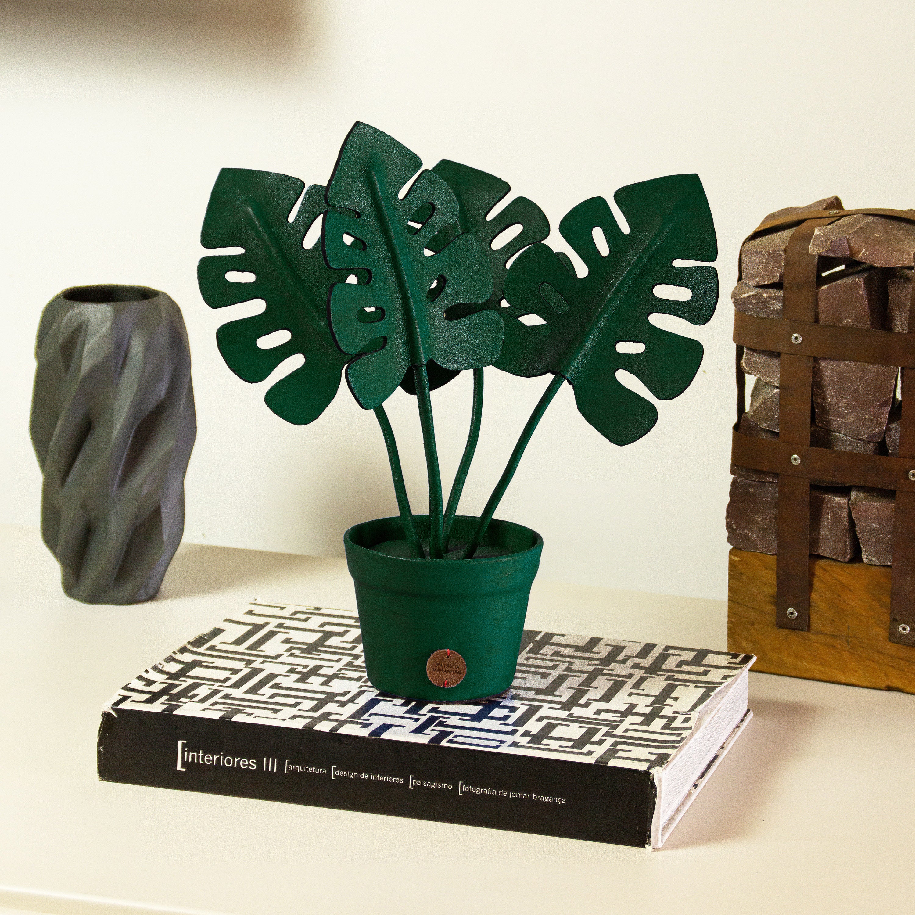 Green Monstera Deliciosa Plant Pot in Leather by Patrícia Maranhão