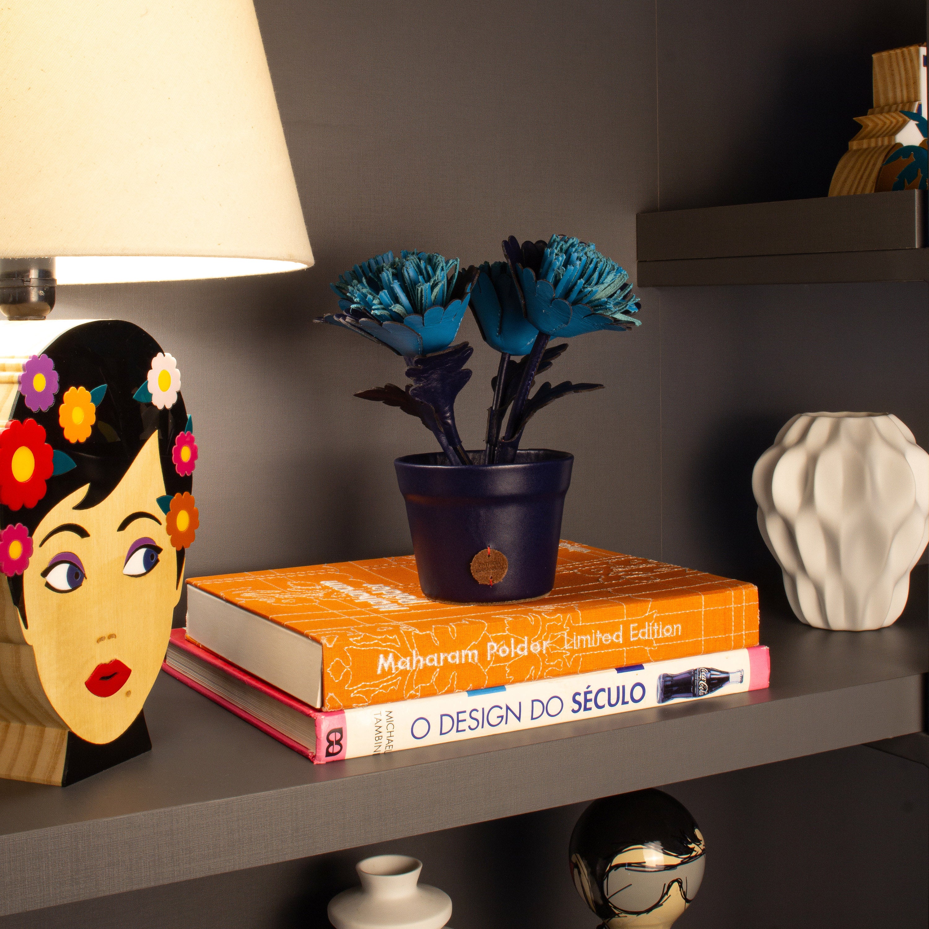 Navy Blue Gerbera Plant Pot in Leather by Patrícia Maranhão