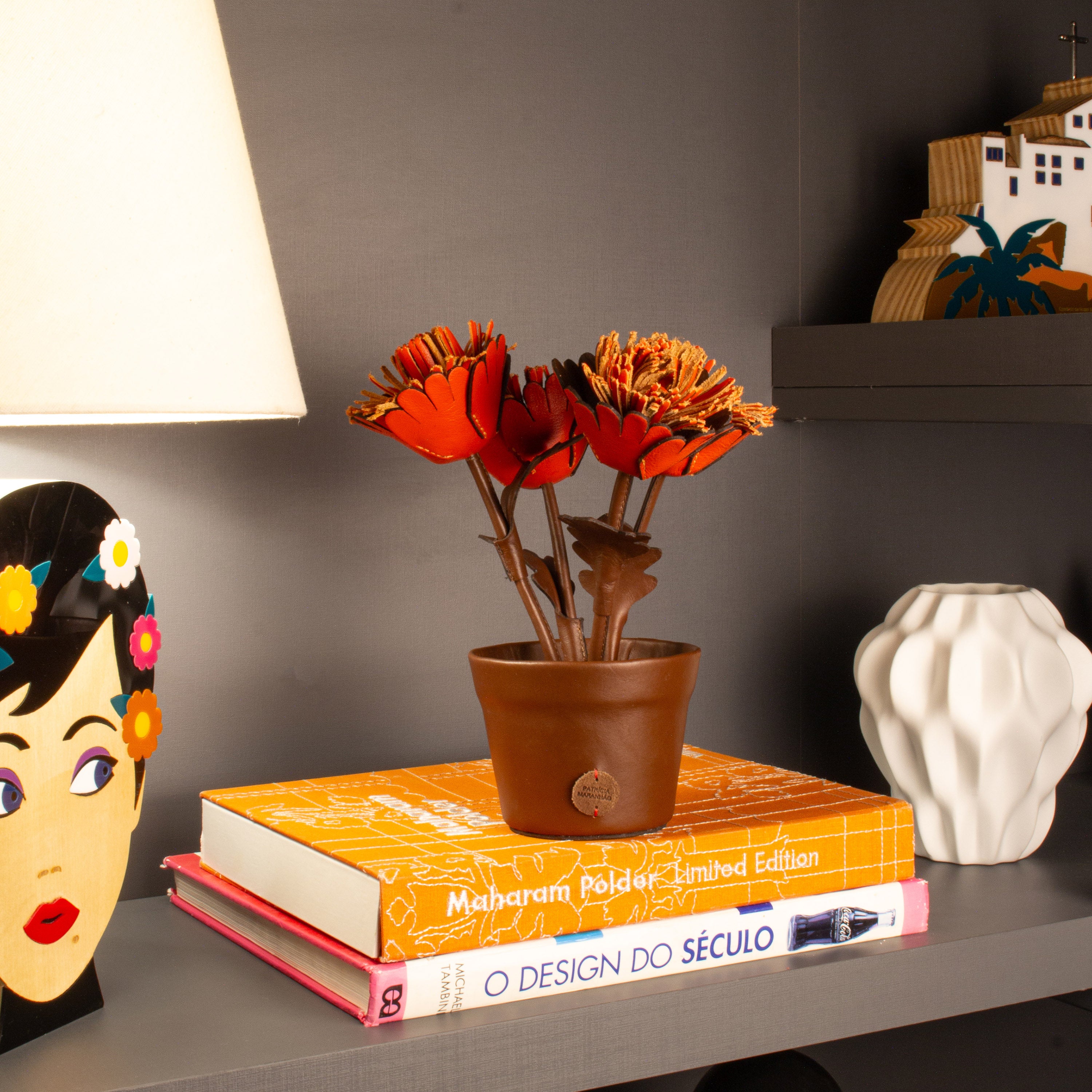 Orange Gerbera Plant Pot in Leather by Patrícia Maranhão
