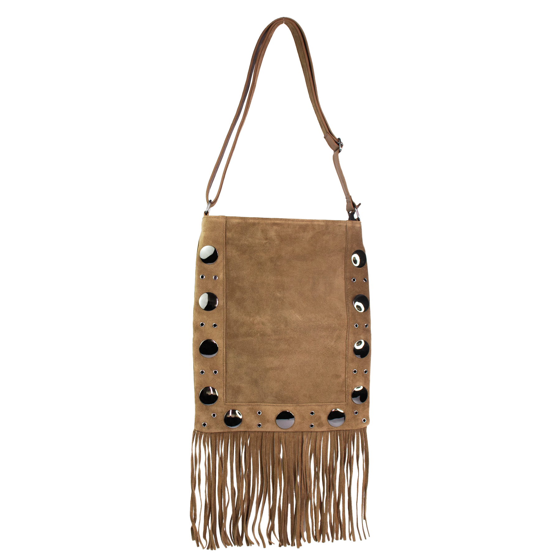 Bolsa Tiracolo Boho James Couro Legítimo Mocha Mousse Com Franjas Patrícia Maranhão