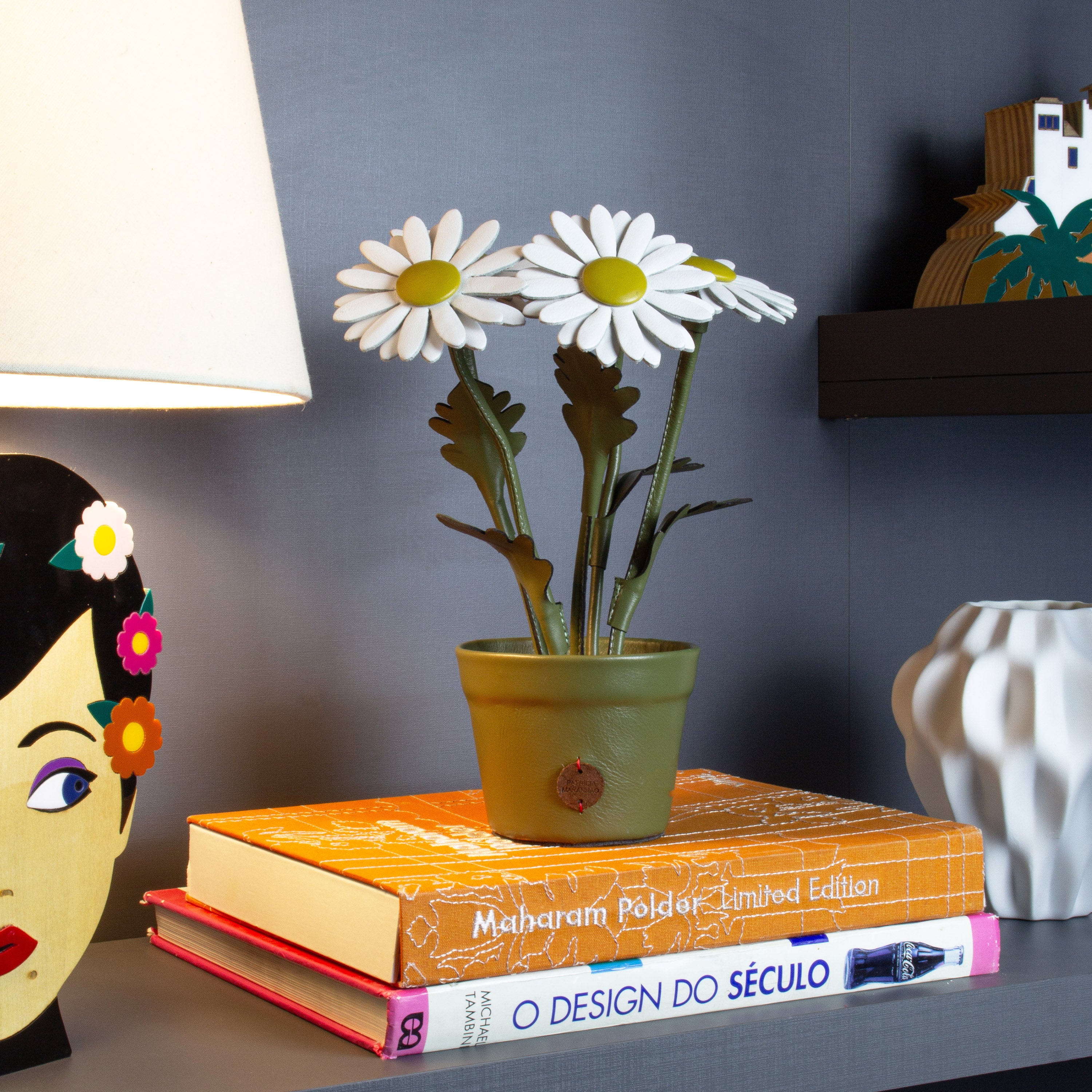 White Daisy Plant Pot in Leather by Patrícia Maranhão