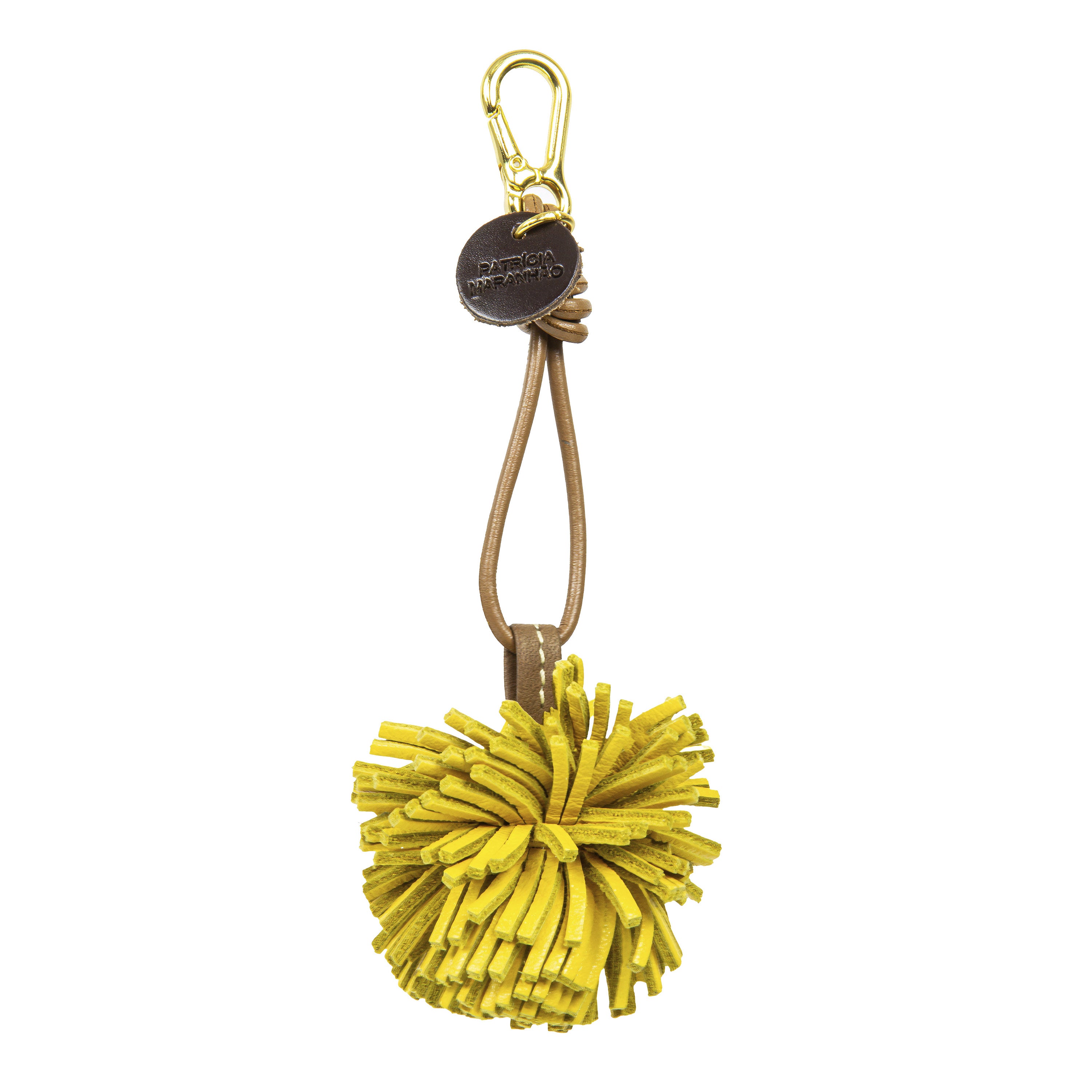 Chaveiro de Luxo em Couro Legítimo Pompom Amarelo Patricia Maranhão