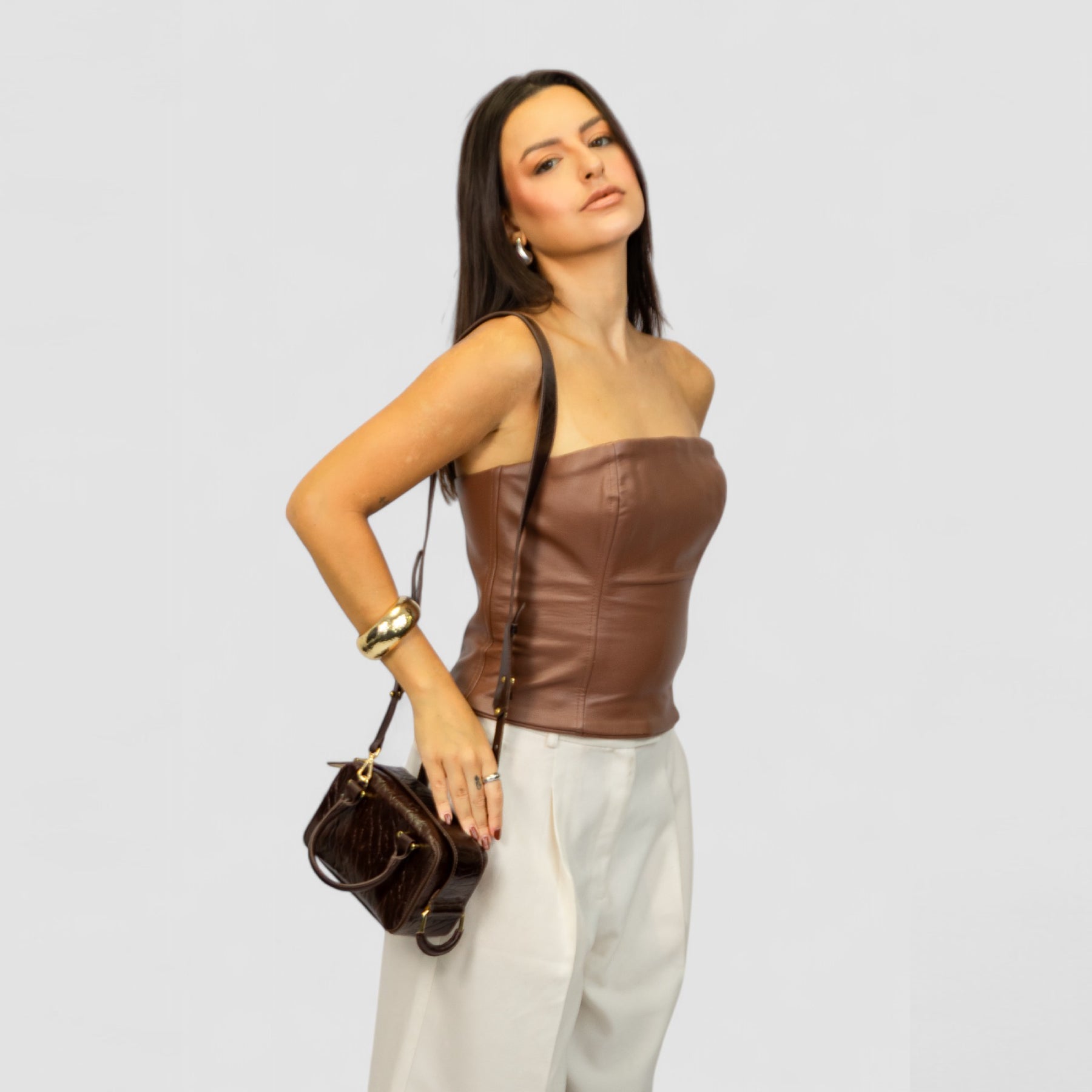 Bolsa Mini Tiracolo Gisele Couro Legítimo Marrom Patrícia Maranhão