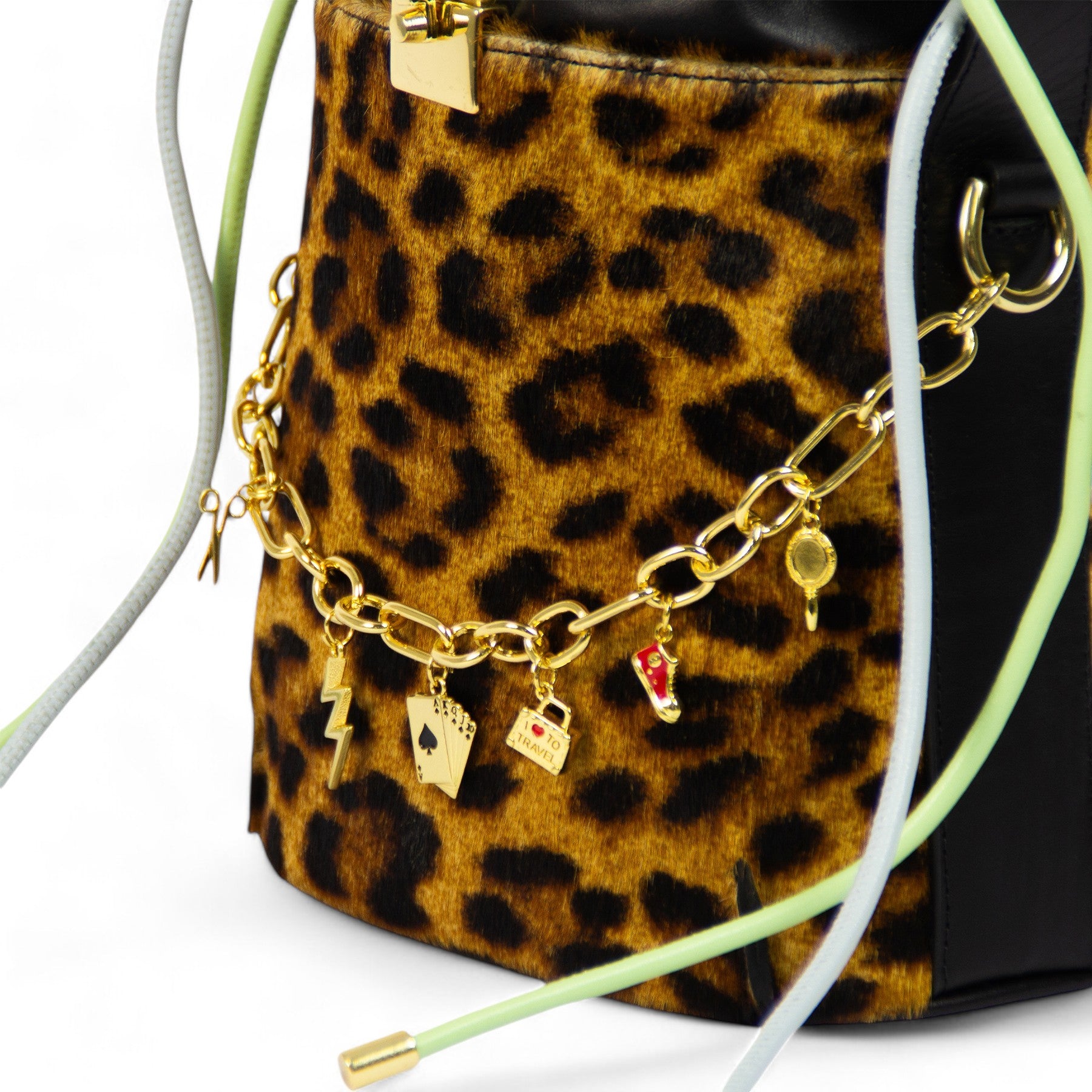 Donna Bucket Bag Genuine Leather Blue and Green Drawstring Patrícia Maranhão