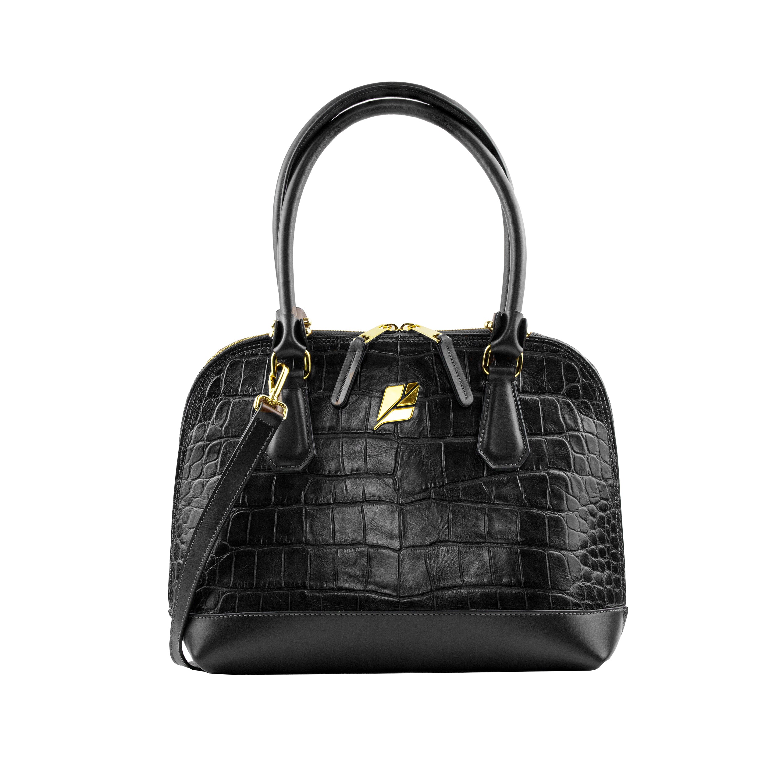 Serena Croco Bowling Bag, Size M, Black, Patricia Maranhão