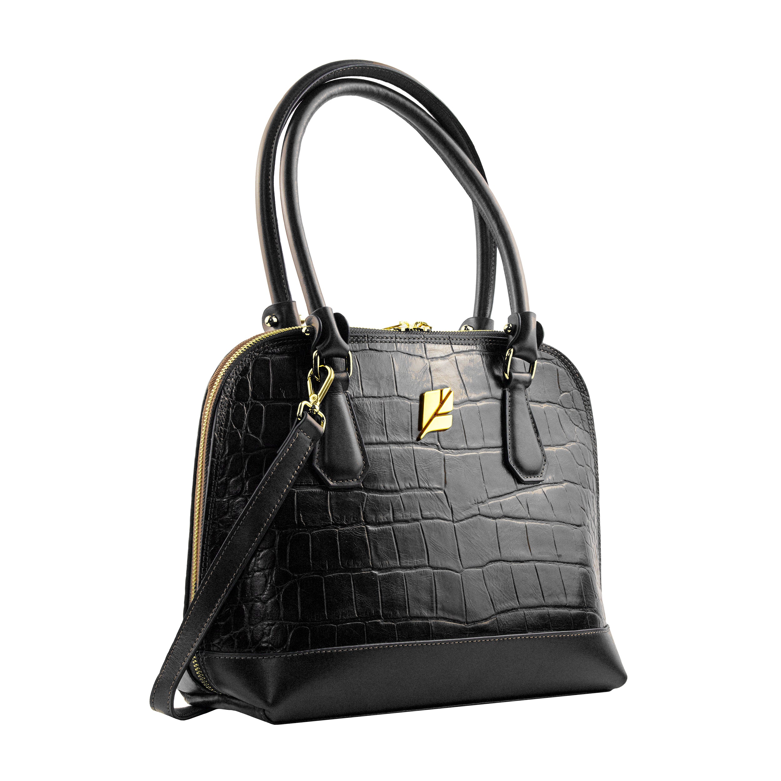 Serena Croco Bowling Bag, Size M, Black, Patricia Maranhão