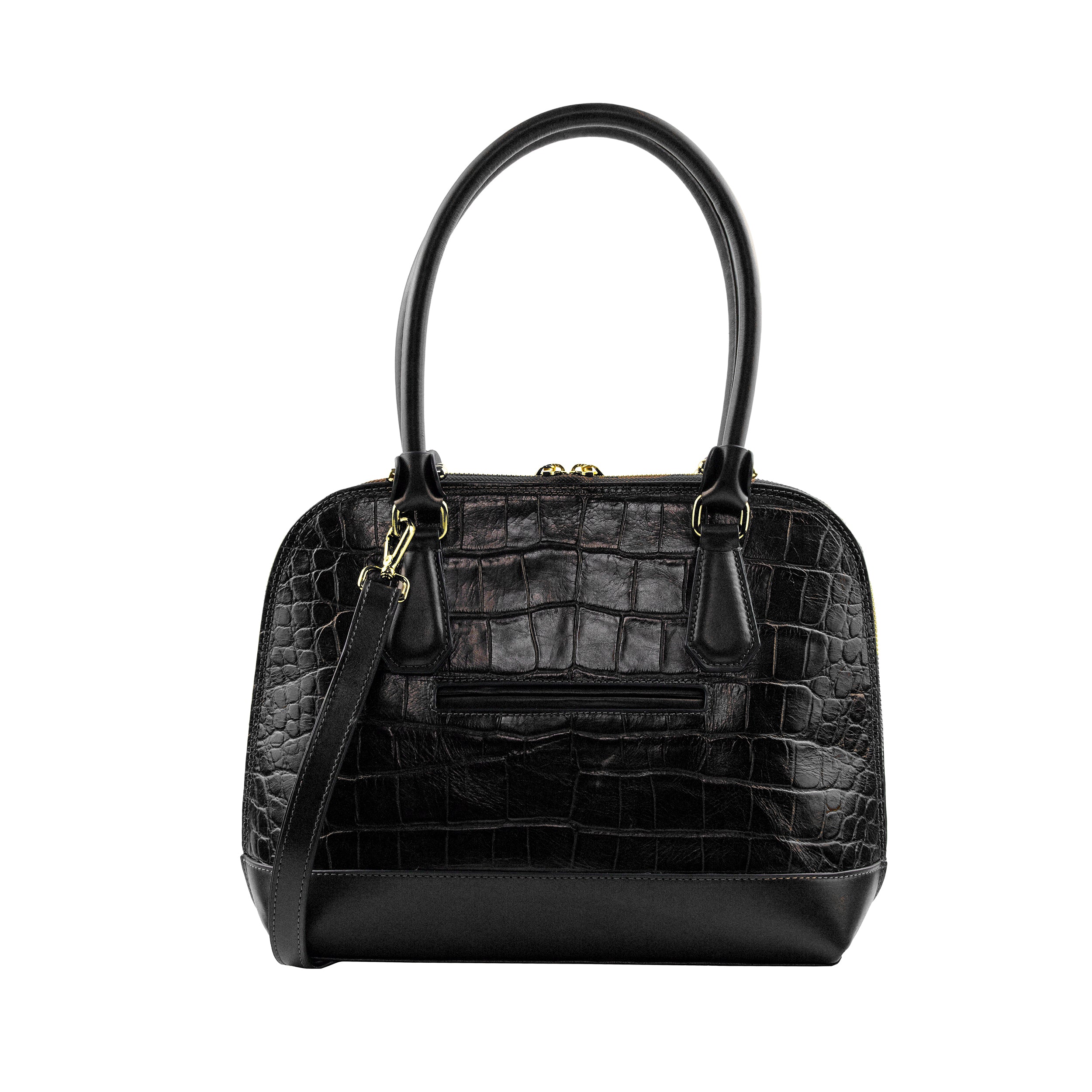 Serena Croco Bowling Bag, Size M, Black, Patricia Maranhão
