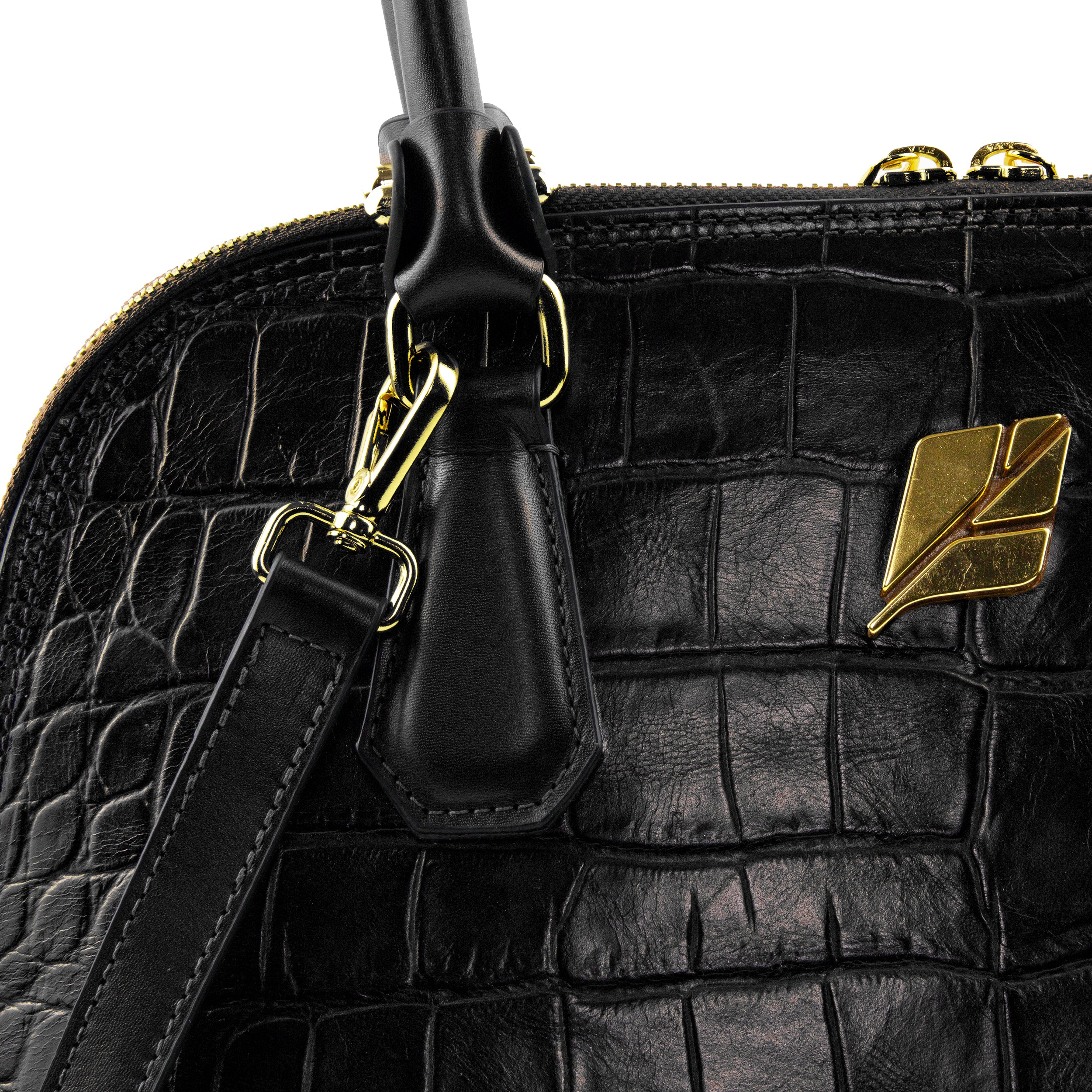 Serena Croco Bowling Bag, Size M, Black, Patricia Maranhão