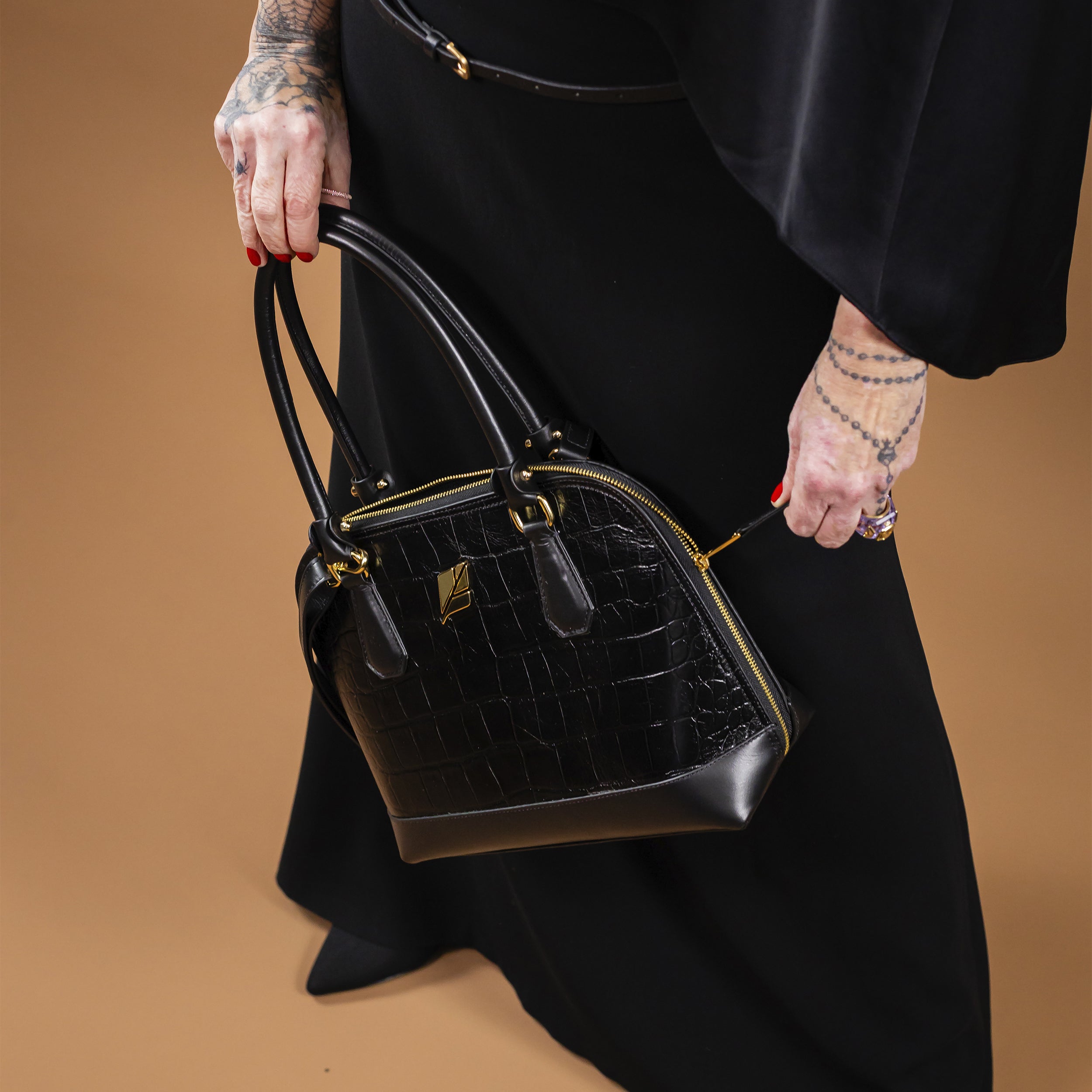 Serena Croco Bowling Bag, Size M, Black, Patricia Maranhão