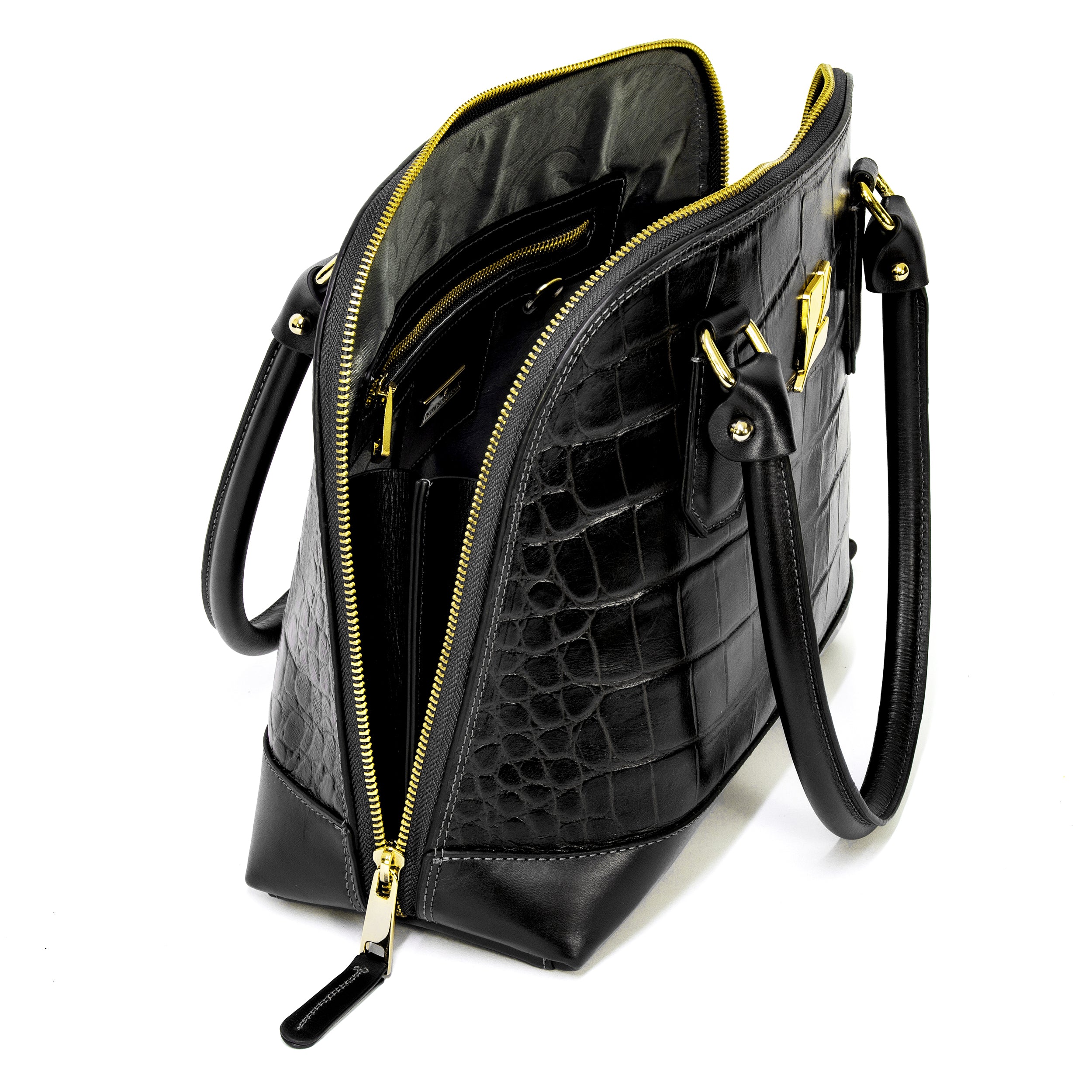 Serena Croco Bowling Bag, Size M, Black, Patricia Maranhão