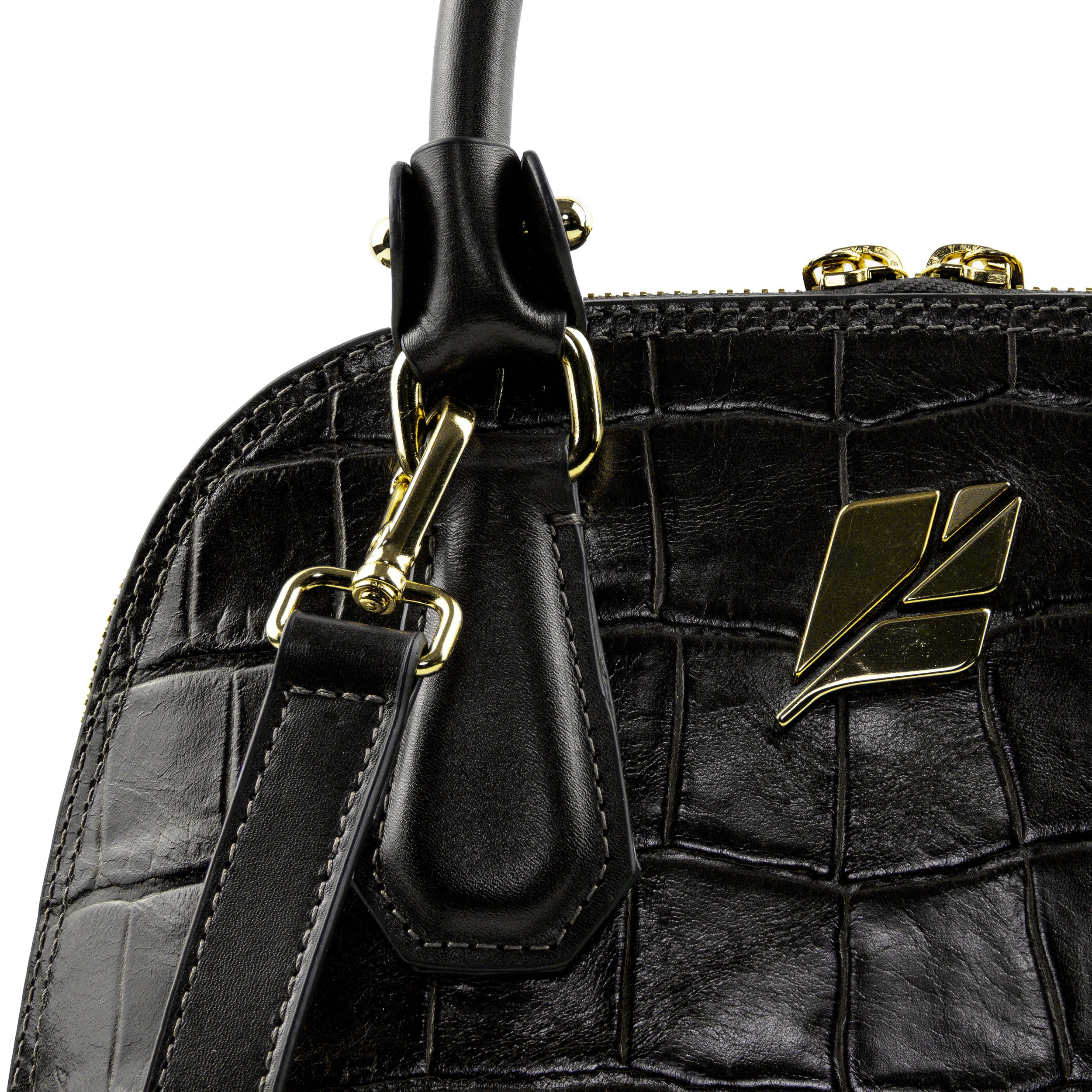 Serena Croco Bowling Bag, Size P, Black, Patricia Maranhão