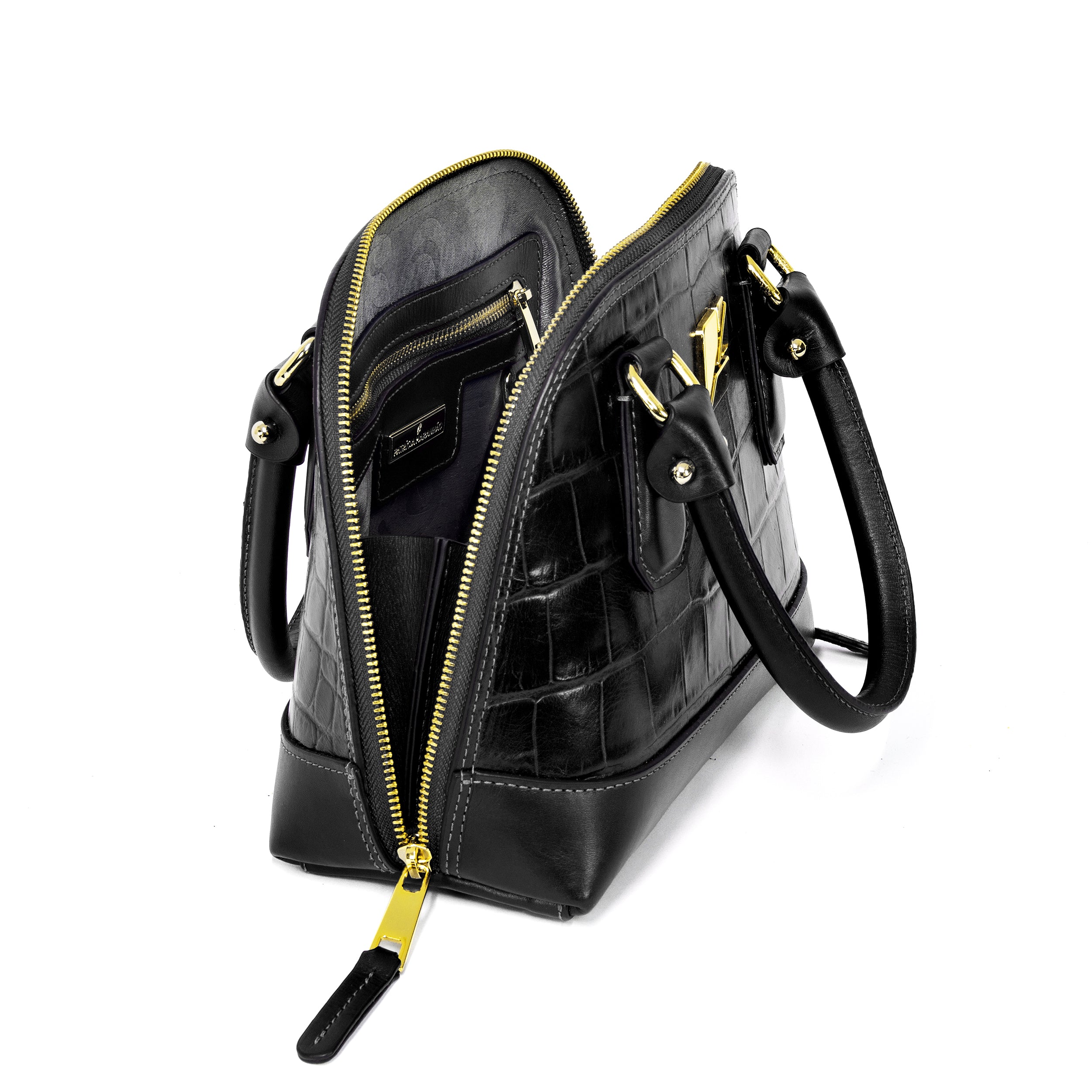 Serena Croco Bowling Bag, Size P, Black, Patricia Maranhão