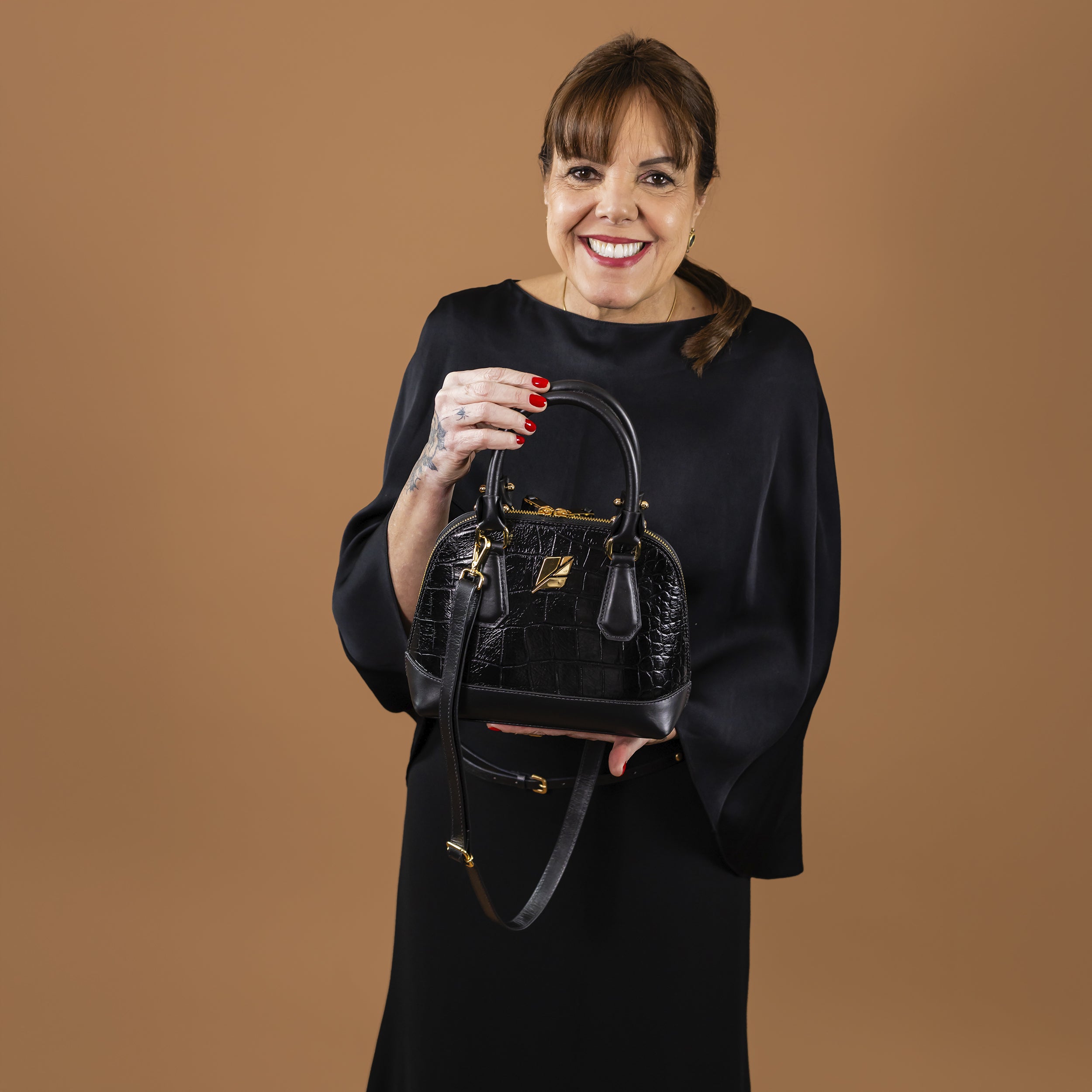 Serena Croco Bowling Bag, Size P, Black, Patricia Maranhão