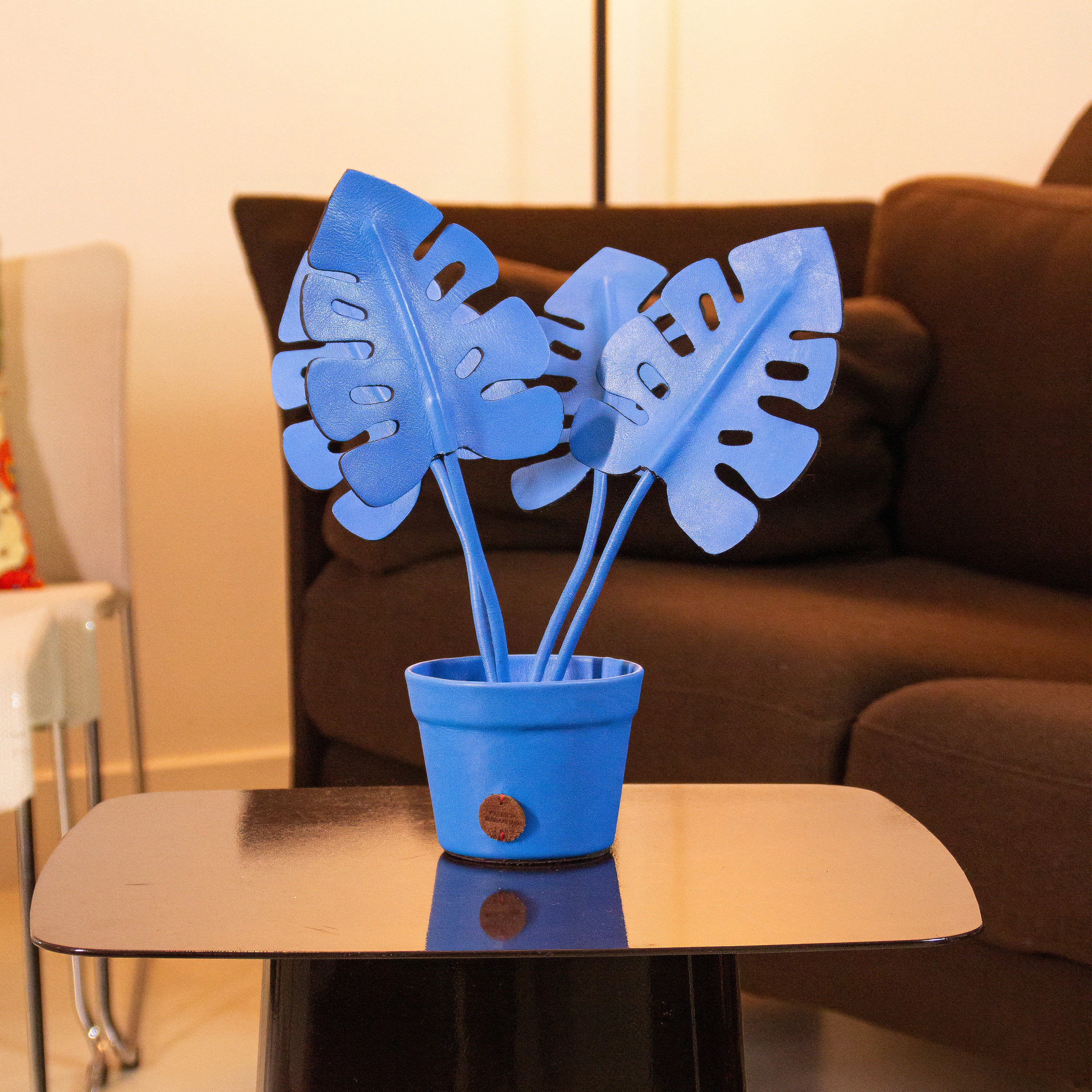 Cobalt Monstera Deliciosa Plant Pot in Leather by Patrícia Maranhão