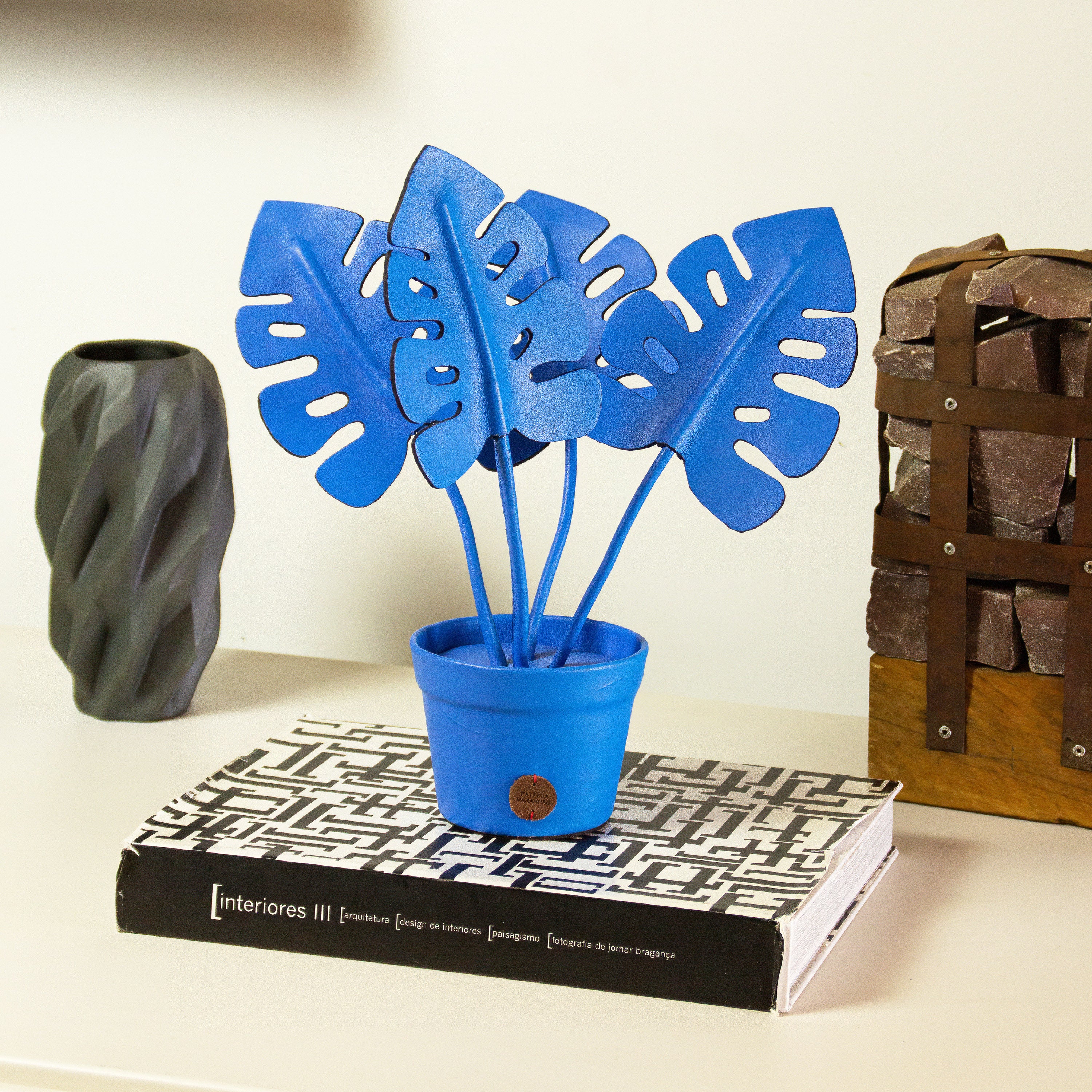 Cobalt Monstera Deliciosa Plant Pot in Leather by Patrícia Maranhão