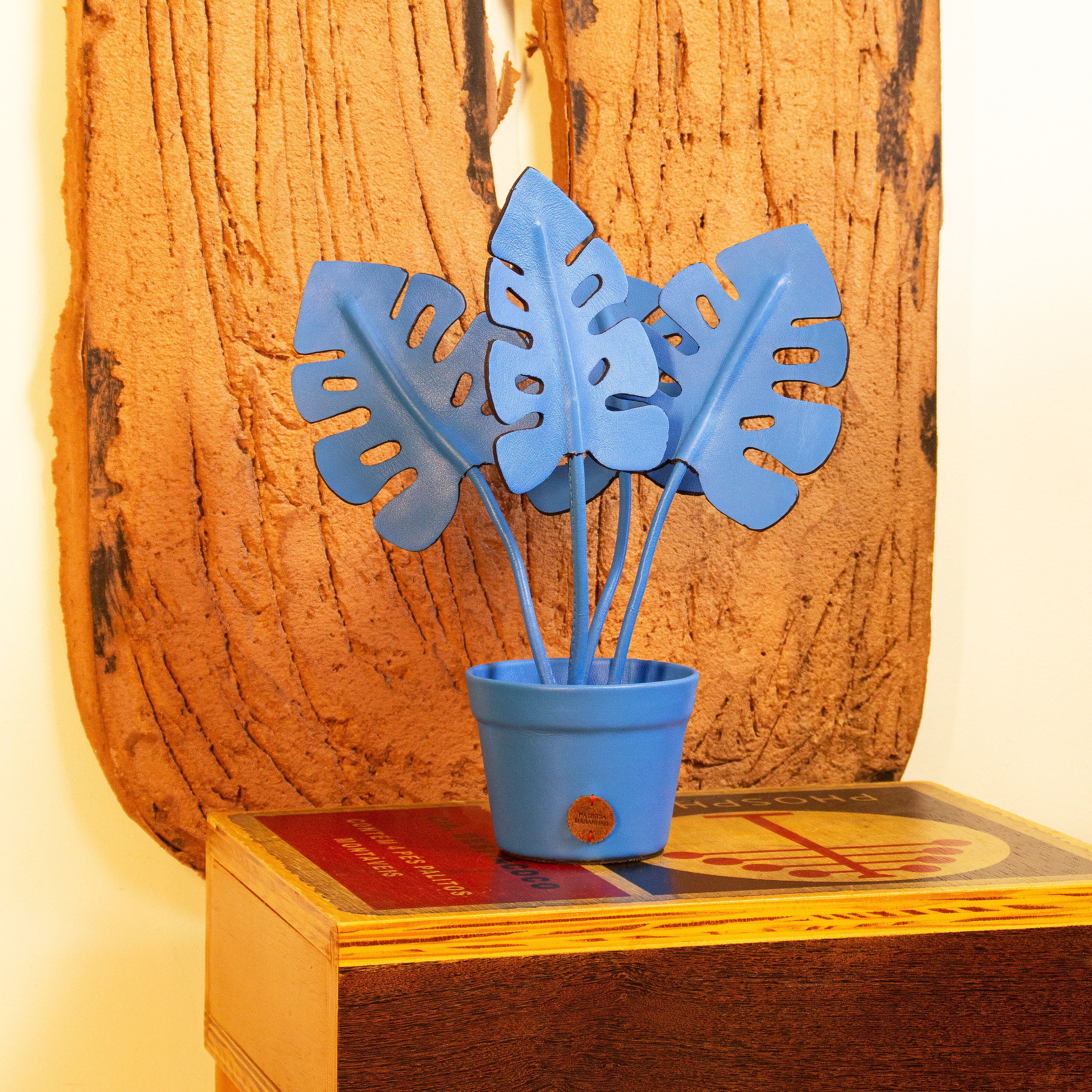 Cobalt Monstera Deliciosa Plant Pot in Leather by Patrícia Maranhão