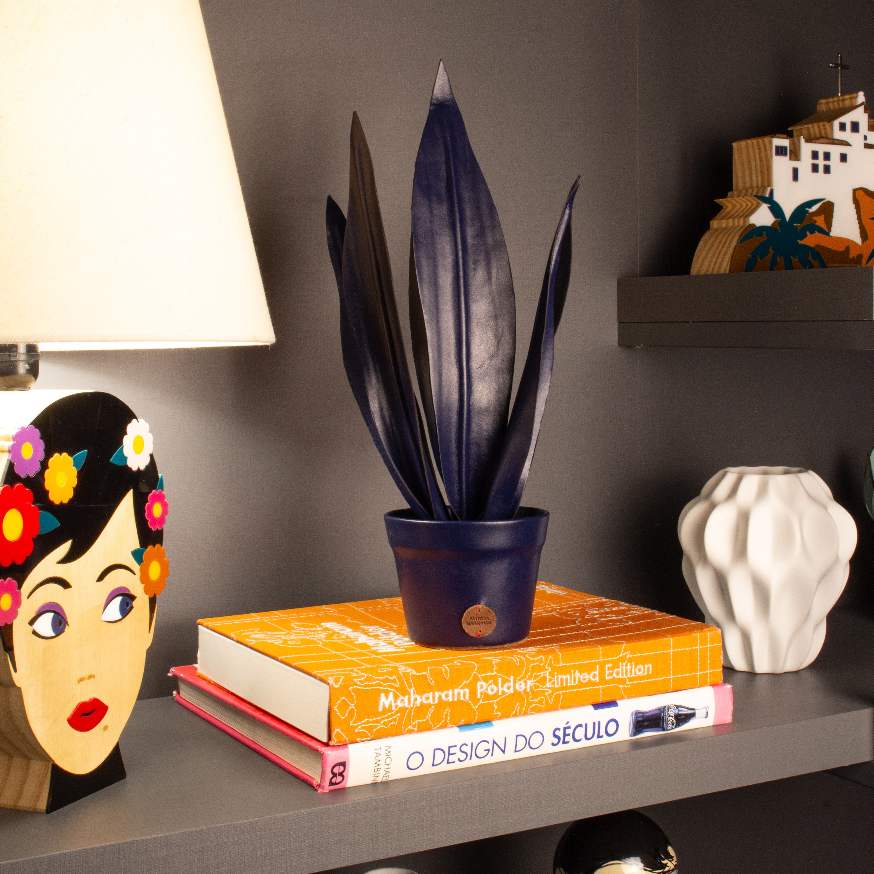 Navy Blue Snake Plant Pot in Leather by Patrícia Maranhão