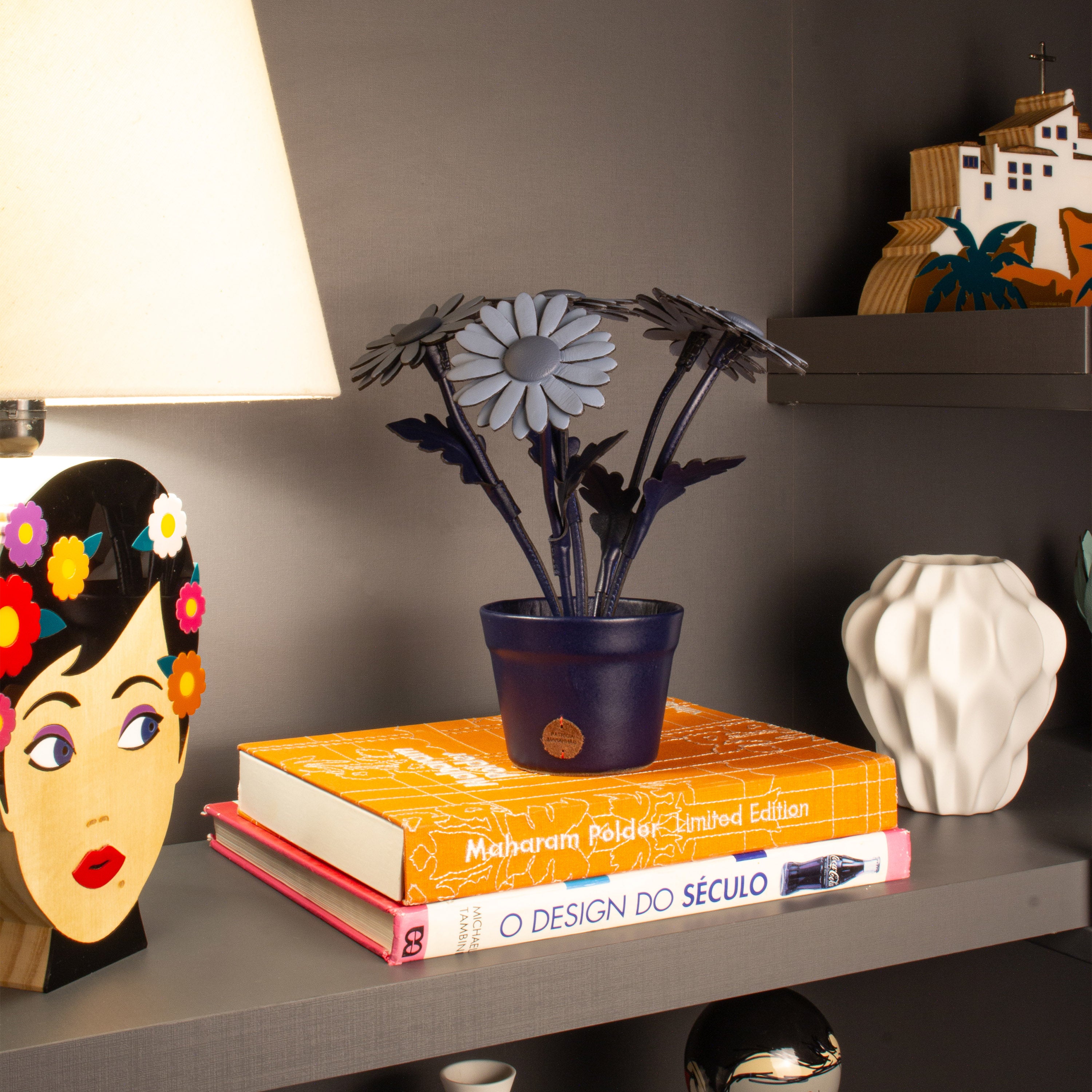 Blue Daisy Plant Pot in Leather by Patrícia Maranhão