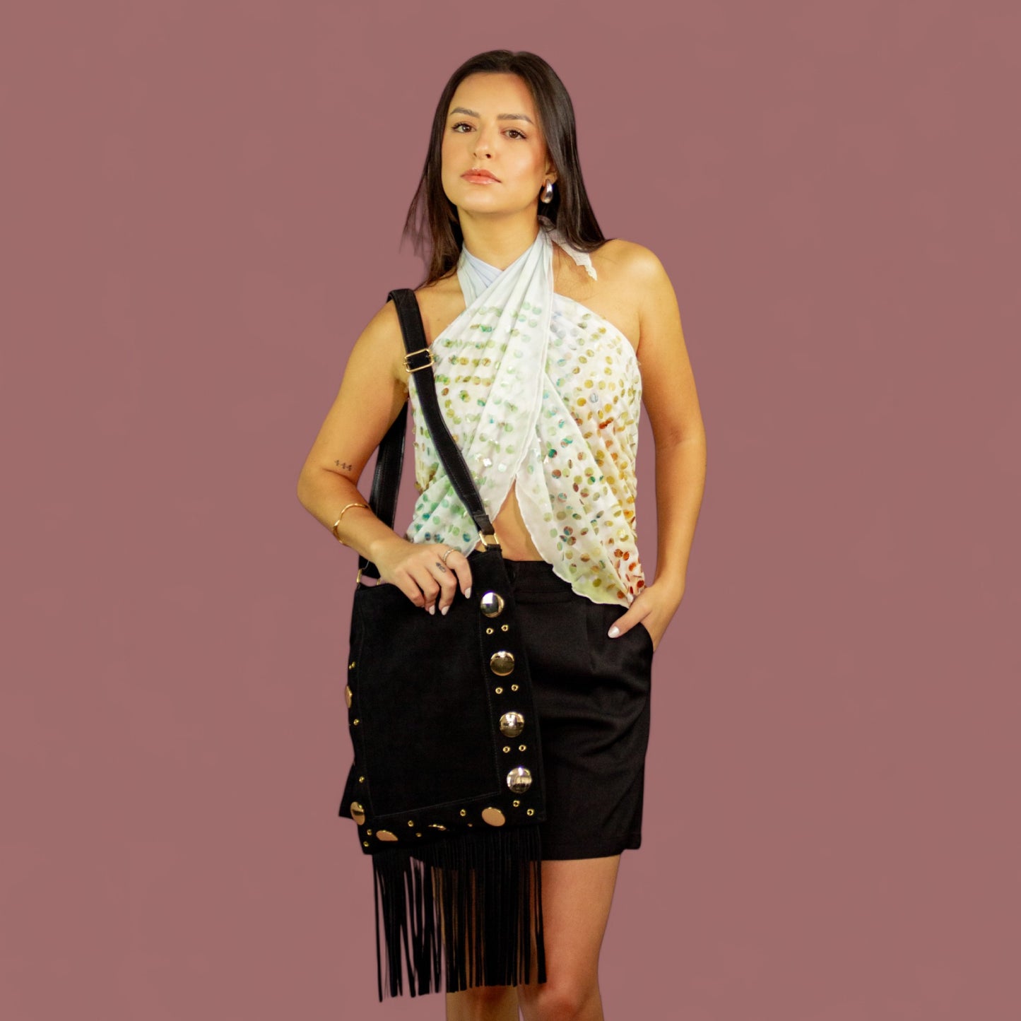 Boho James Crossbody Bag in Genuine Leather with Black Fringe Patrícia Maranhão