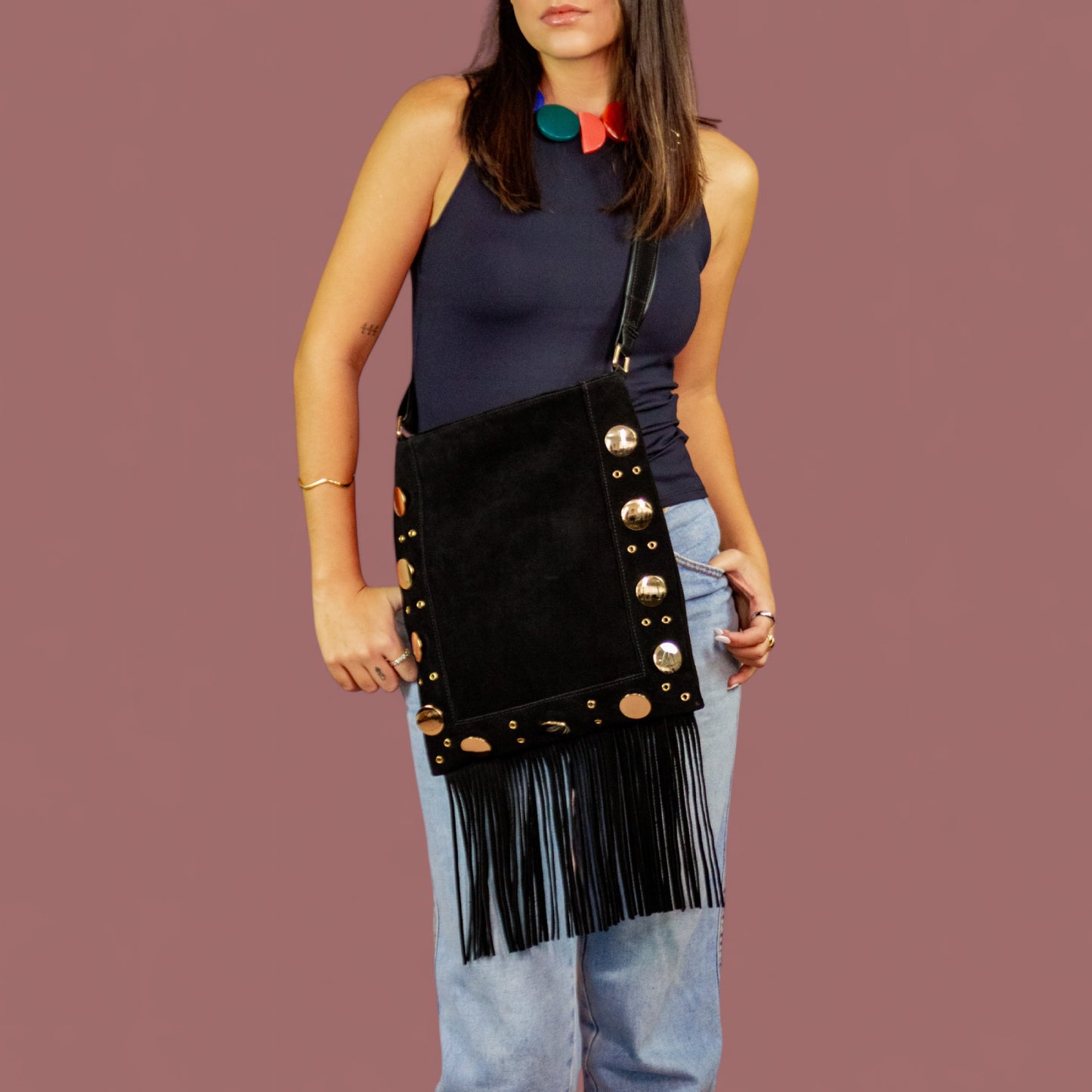 Boho James Crossbody Bag in Genuine Leather with Black Fringe Patrícia Maranhão