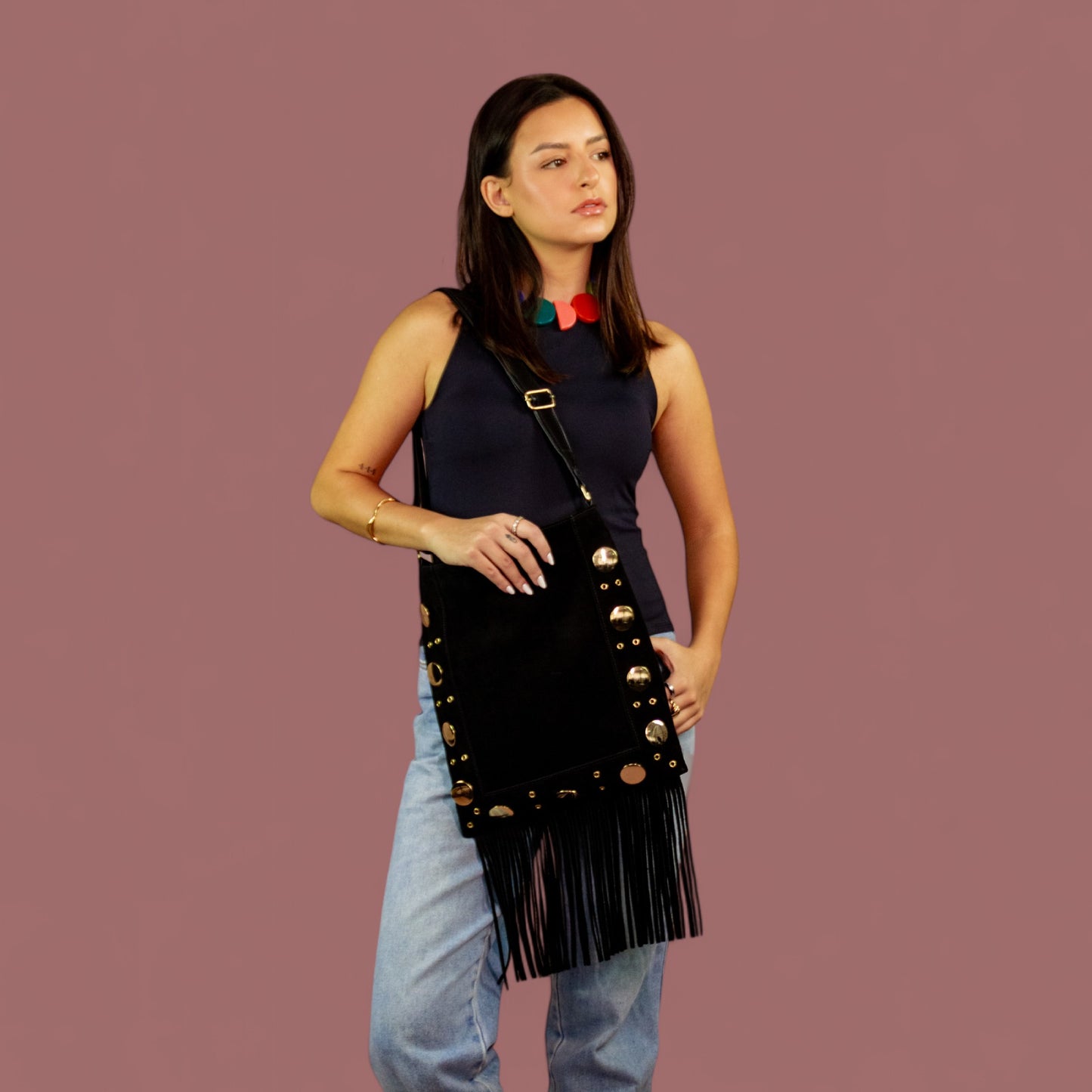 Boho James Crossbody Bag in Genuine Leather with Black Fringe Patrícia Maranhão