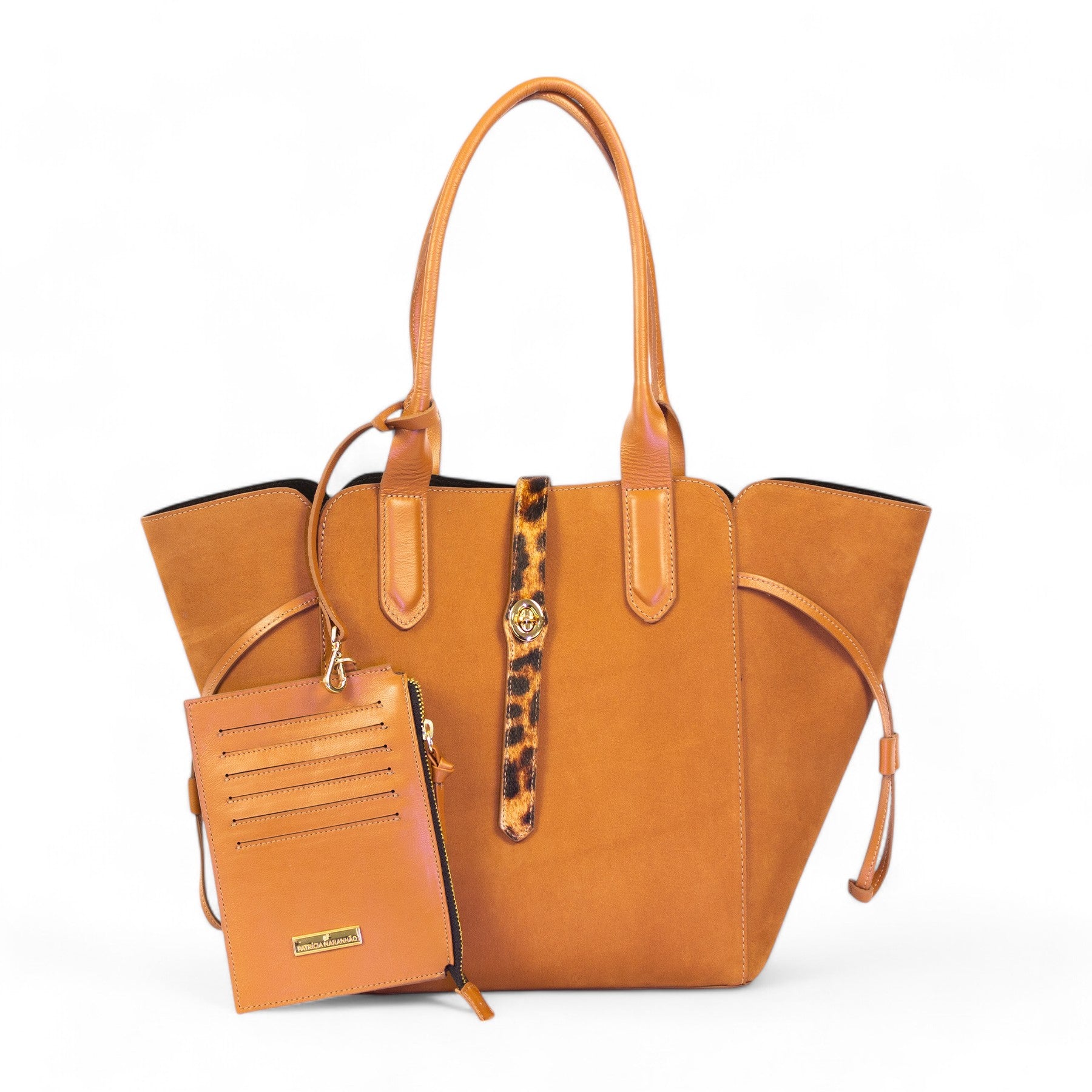 Melania Genuine Leather Caramel Shopping Bag with Leopard Print Strap by Patrícia Maranhão