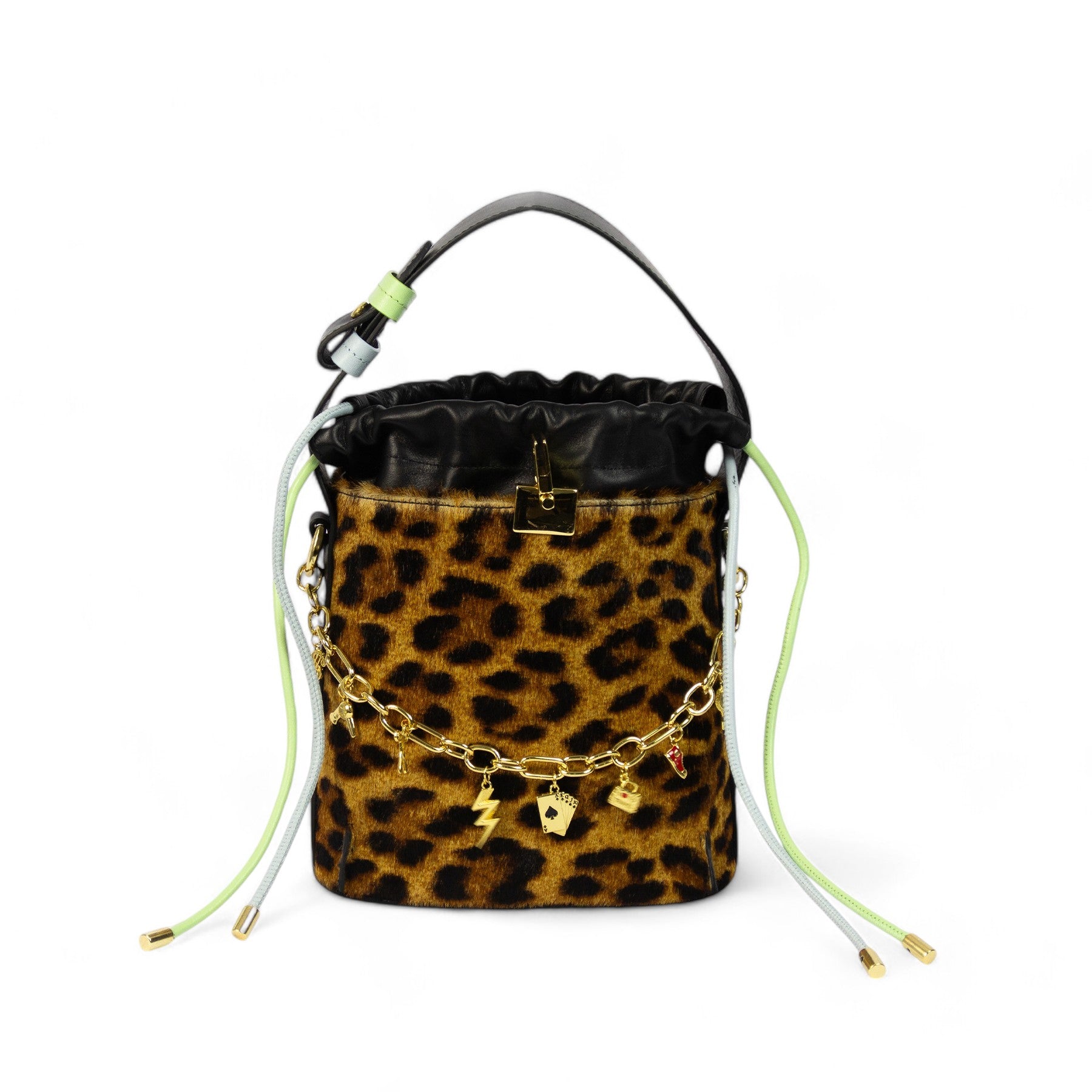 Donna Bucket Bag Genuine Leather Blue and Green Drawstring Patrícia Maranhão