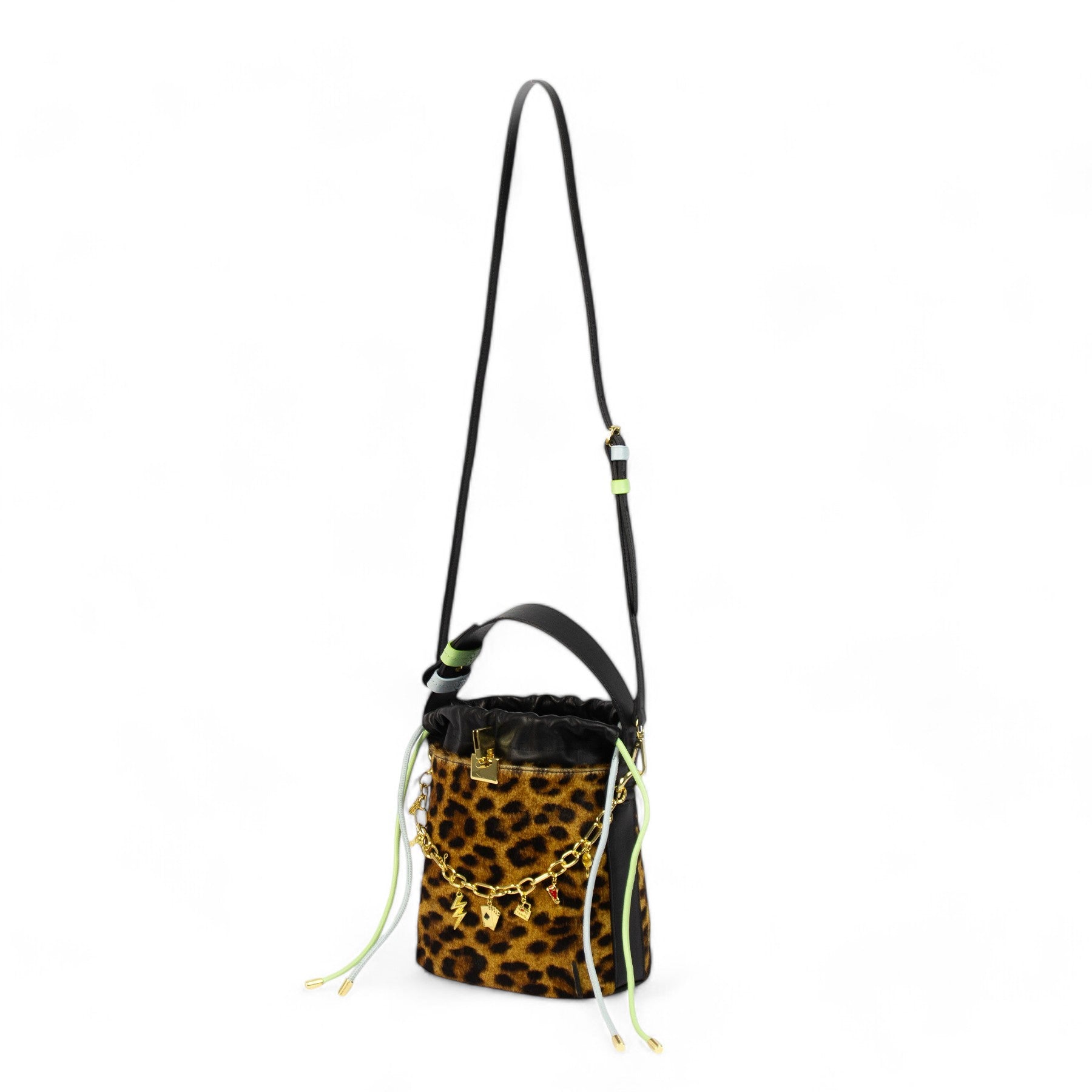 Donna Bucket Bag Genuine Leather Blue and Green Drawstring Patrícia Maranhão